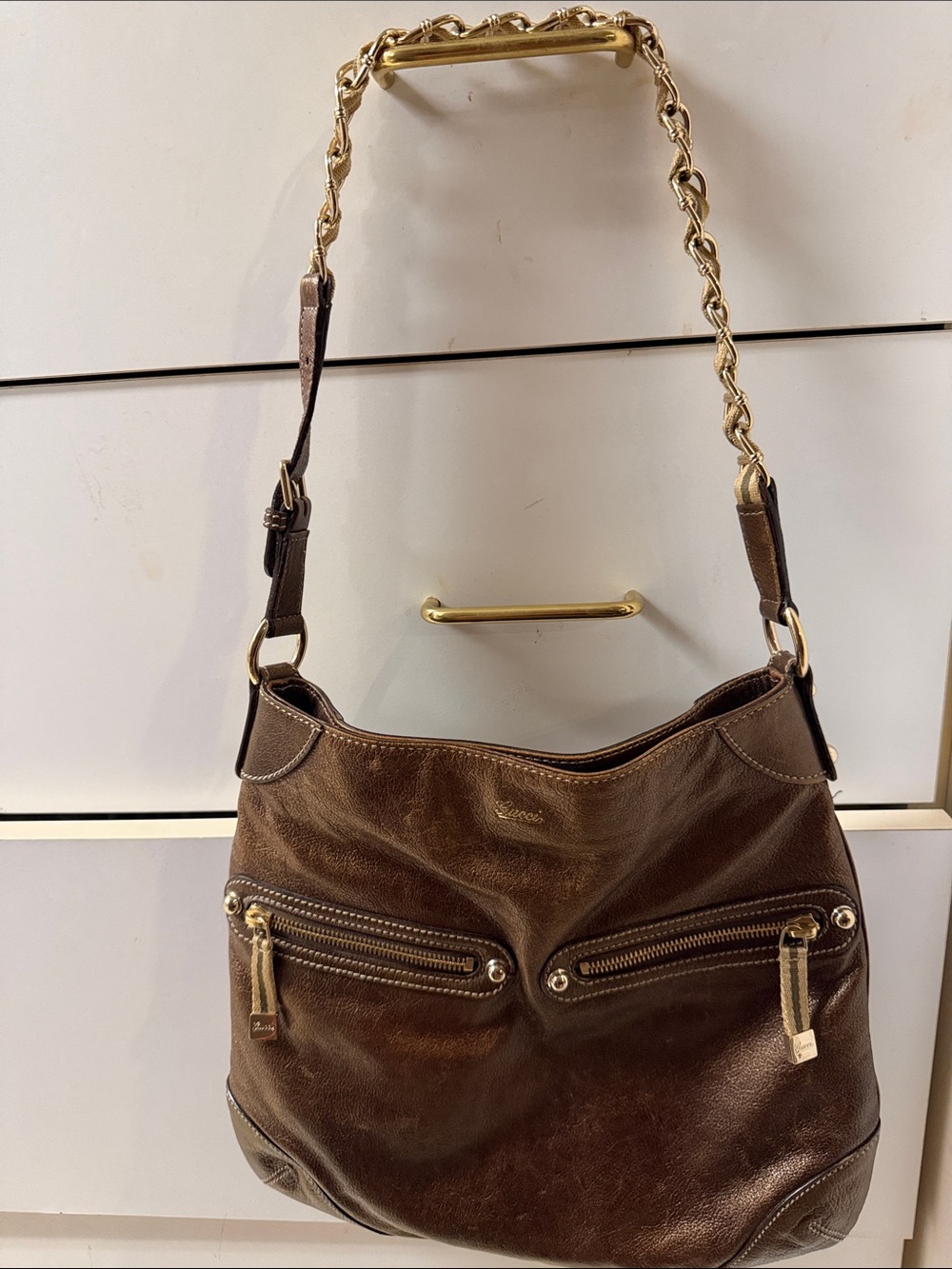 GucciBronze/ Brown sateen (a little shiny) leather Shoulder Bag with Gold Chain